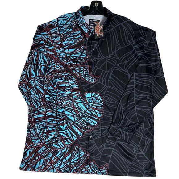 Born Hawaii Button Up Shirt Men's XXL Black/Blue Tribal All Around Print Party - Picture 2 of 12